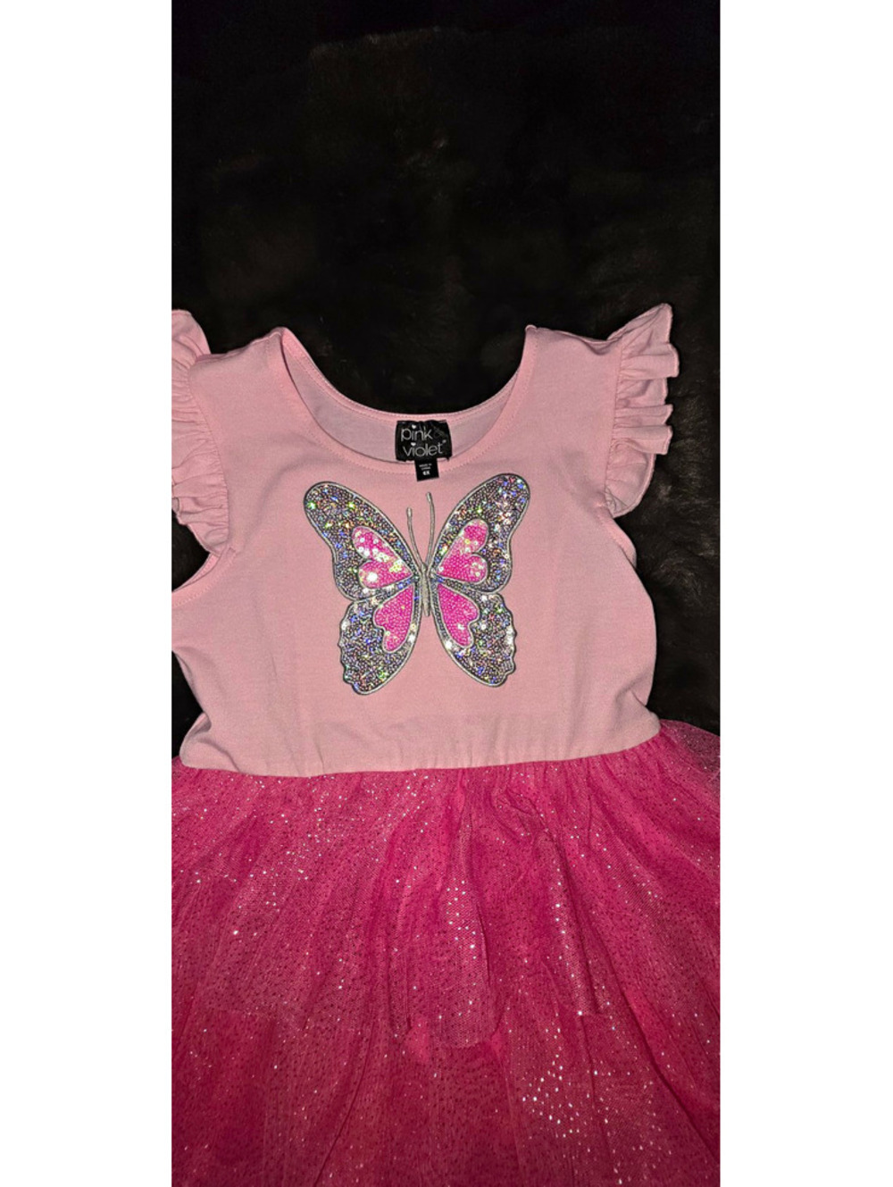 Pink & Violet Girls Pink Butterfly Glitter Sequin Tulle Tutu Dress Size 6
